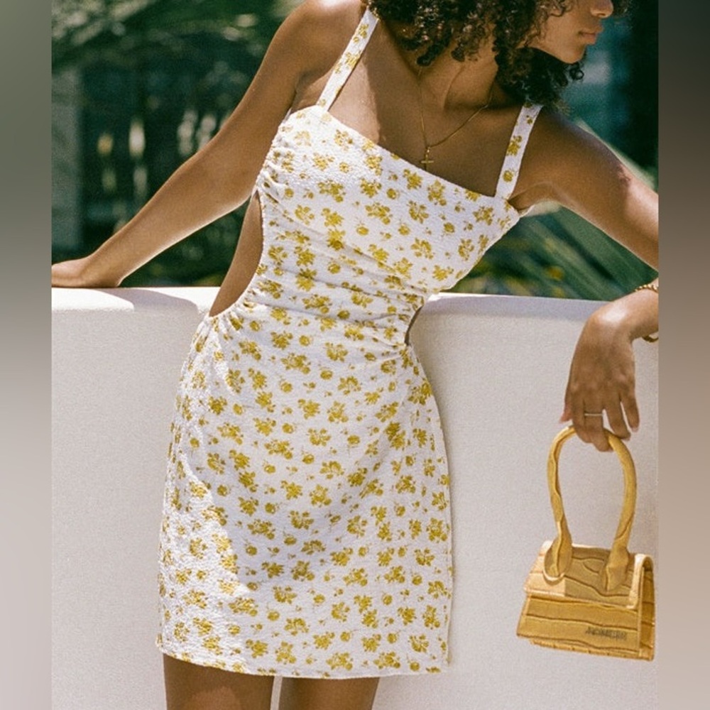 Sabo Skirt White Mini Dress with Yellow Floral Print
